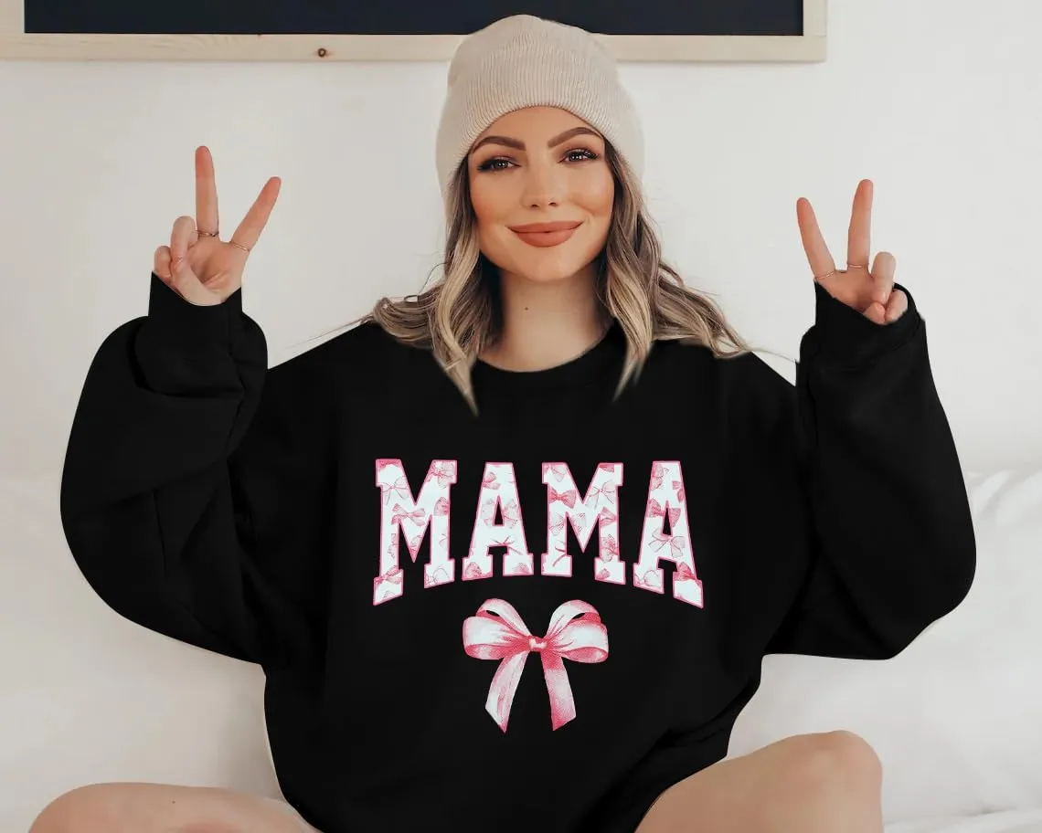 Mama Sweatshirt Coquette Sweater Women Bow Sweatshirt Pink Ribbon Sweatshirts Cute Crewneck Long Sleeve Top