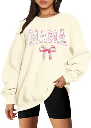 Mama Sweatshirt Coquette Sweater Women Bow Sweatshirt Pink Ribbon Sweatshirts Cute Crewneck Long Sleeve Top