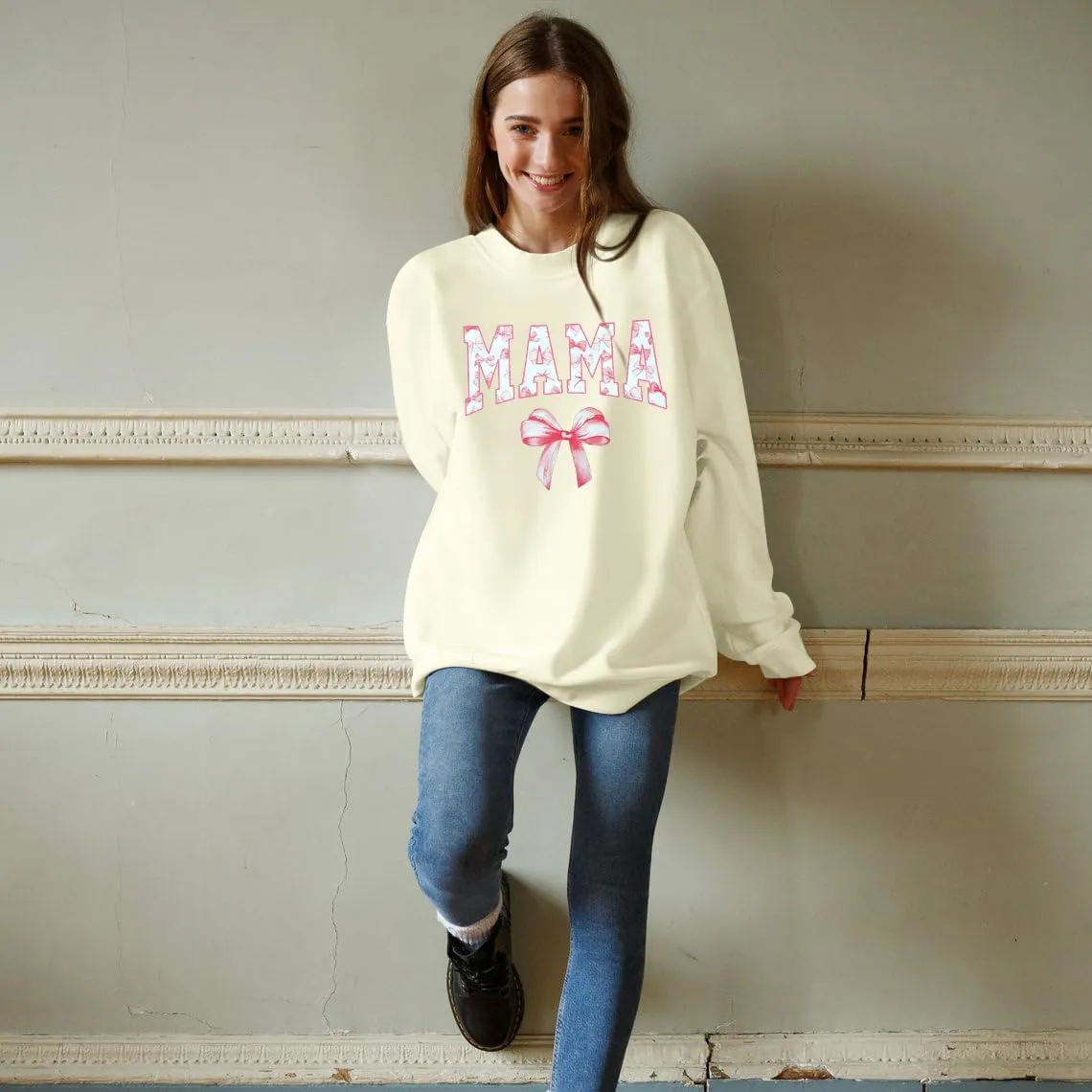 Mama Sweatshirt Coquette Sweater Women Bow Sweatshirt Pink Ribbon Sweatshirts Cute Crewneck Long Sleeve Top