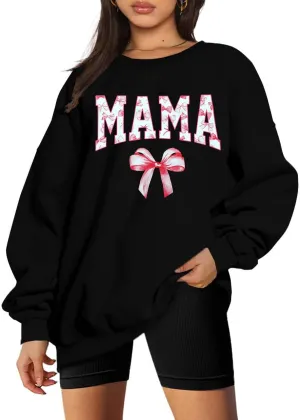 Mama Sweatshirt Coquette Sweater Women Bow Sweatshirt Pink Ribbon Sweatshirts Cute Crewneck Long Sleeve Top