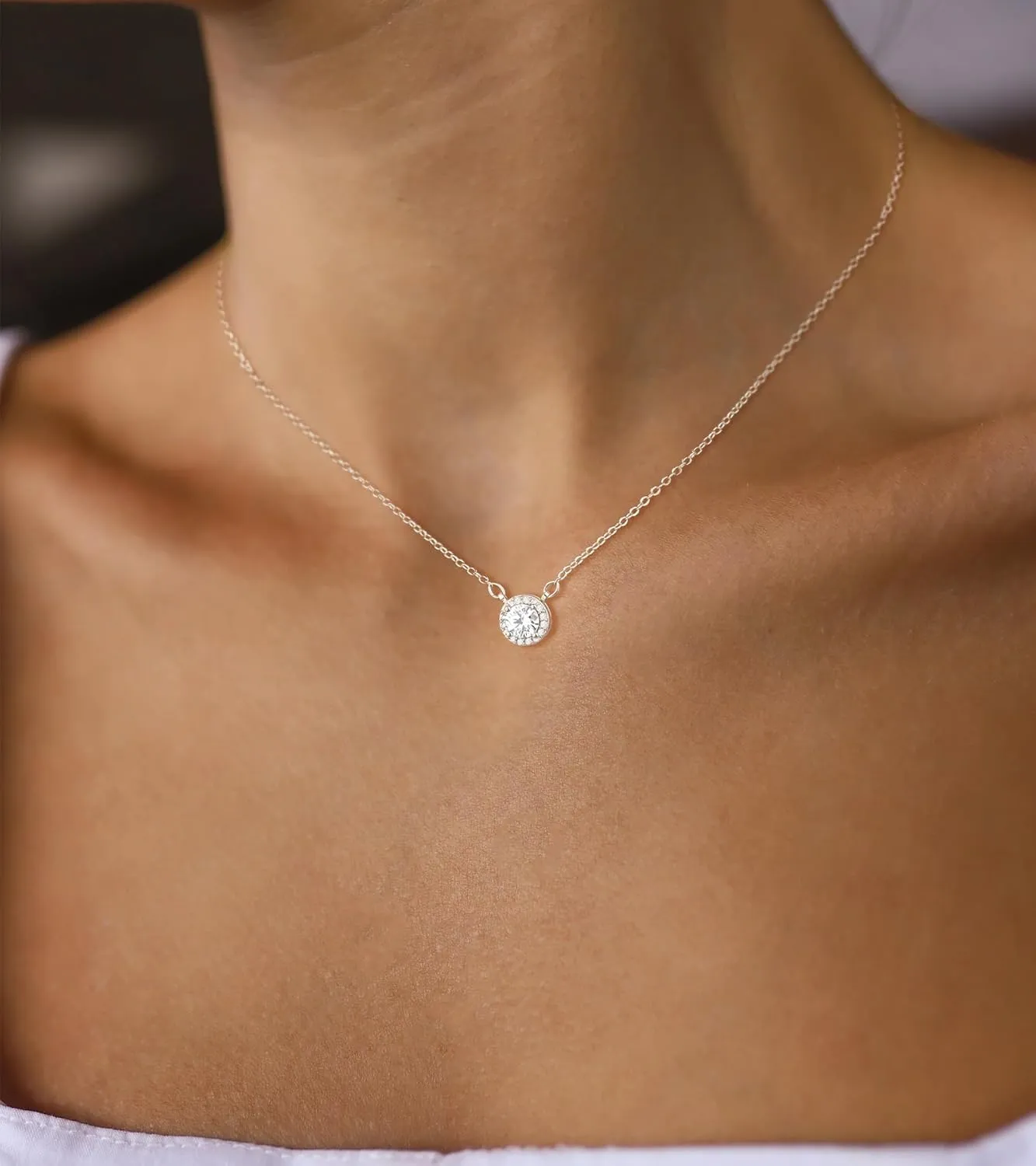 MBW Diamond Necklaces for Women, Dainty 14k Gold/Silver Plated Cubic Zirconia Pendant Necklaces for Women Trendy Simple Small Silver CZ Round Solitaire Choker Necklaces Jewelry for Women