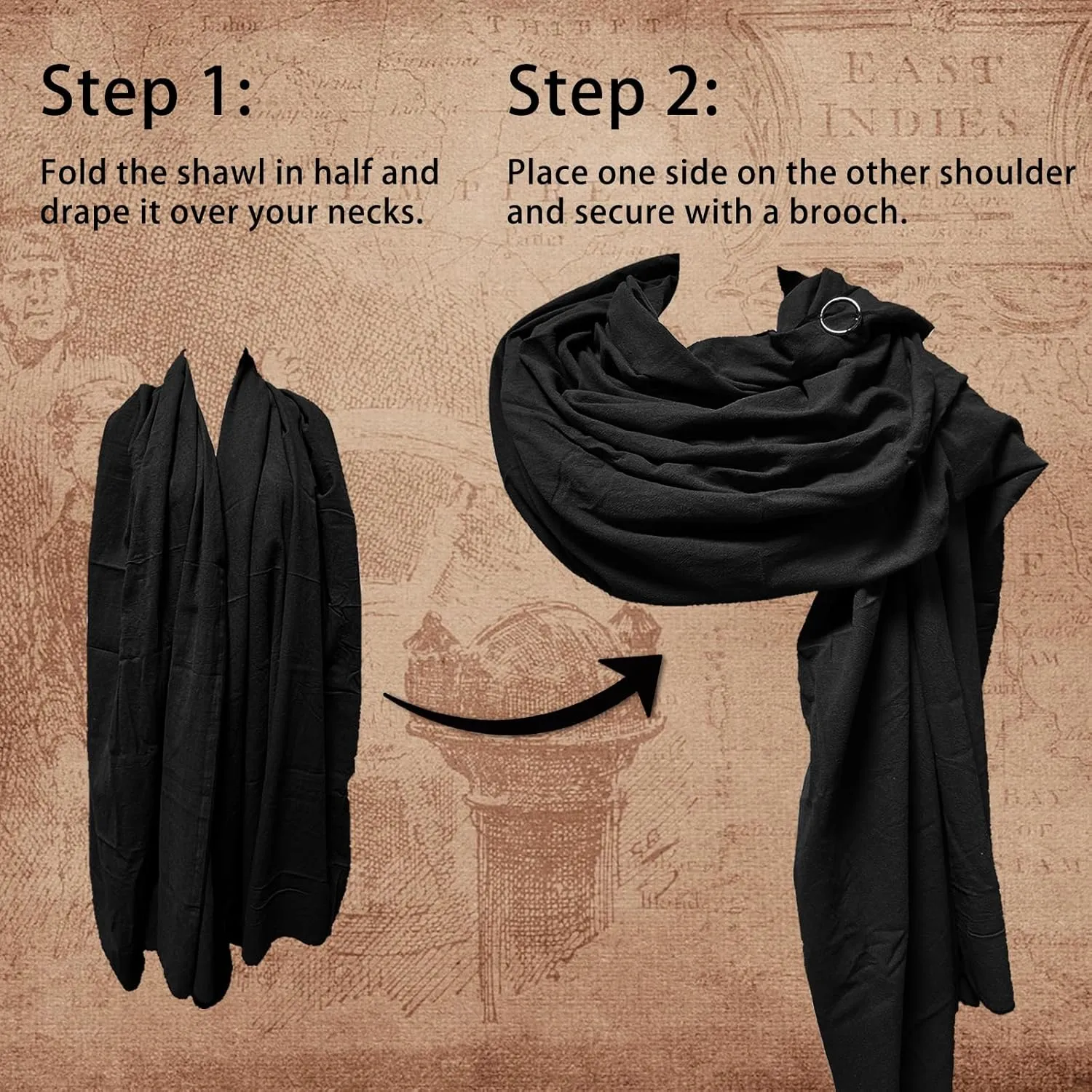 Medieval Shawl Pirate Scarf with Pin, Post Apocalyptic Shaman Cowl Hood Retro Viking Bandana, Renaissance Costume