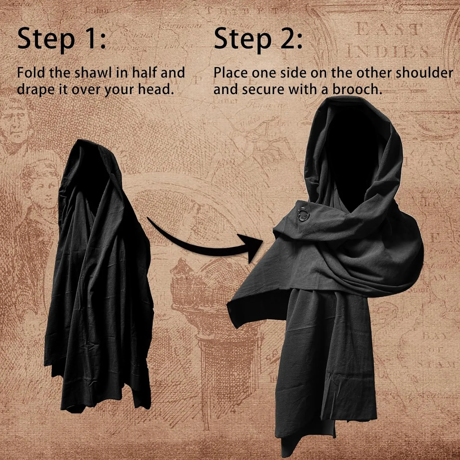 Medieval Shawl Pirate Scarf with Pin, Post Apocalyptic Shaman Cowl Hood Retro Viking Bandana, Renaissance Costume