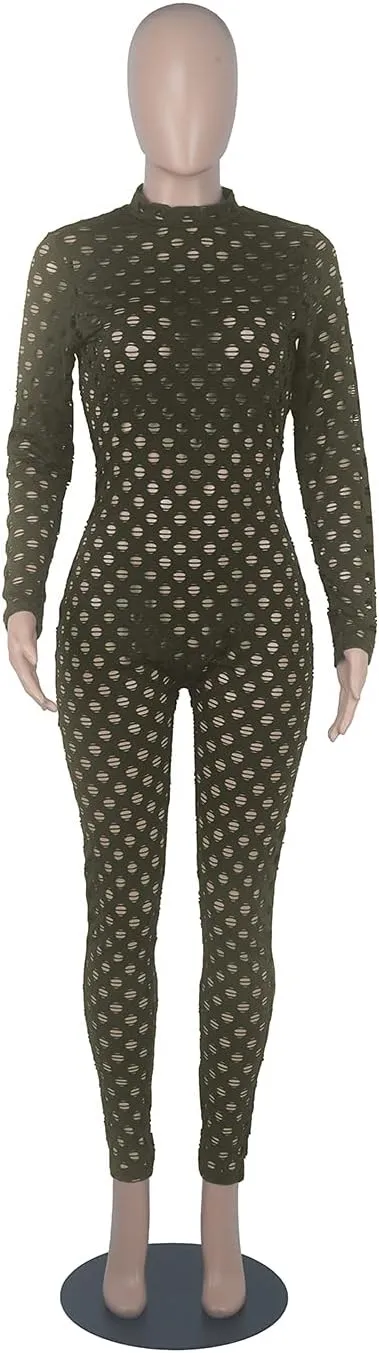 MENCCINO Sexy Club Outfits for Women One Piece Jumpsuits Long Sleeve Bodysuits Bodycon Leggings Pants Suits