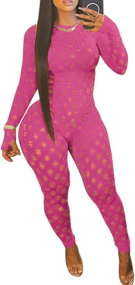 MENCCINO Sexy Club Outfits for Women One Piece Jumpsuits Long Sleeve Bodysuits Bodycon Leggings Pants Suits
