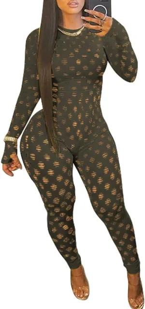 MENCCINO Sexy Club Outfits for Women One Piece Jumpsuits Long Sleeve Bodysuits Bodycon Leggings Pants Suits