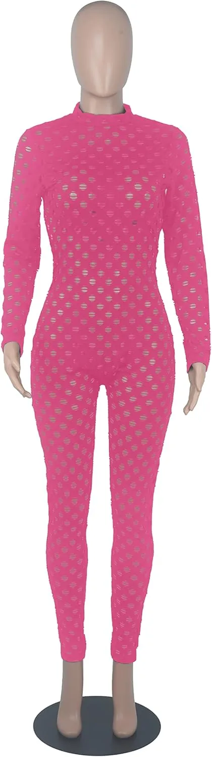 MENCCINO Sexy Club Outfits for Women One Piece Jumpsuits Long Sleeve Bodysuits Bodycon Leggings Pants Suits