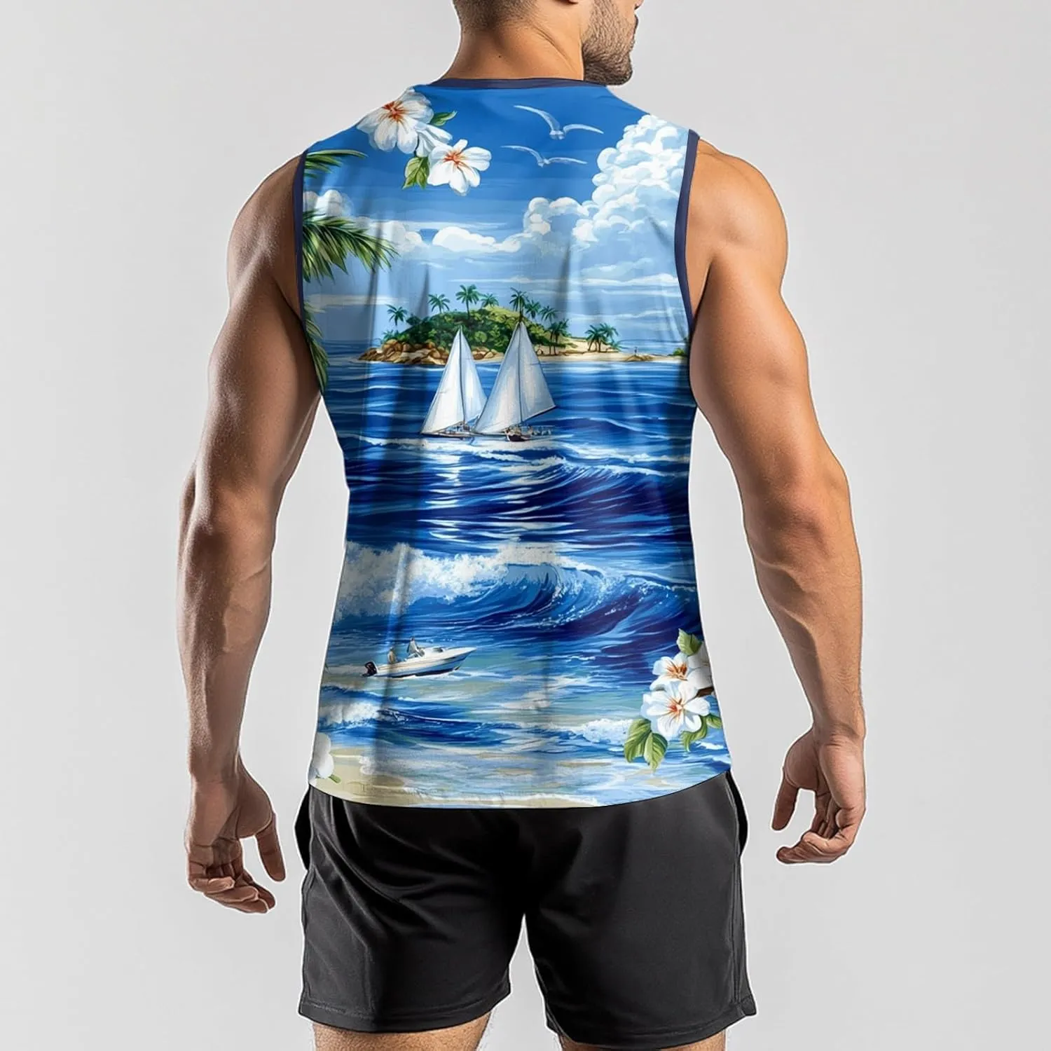 Mens Beach Tank Tops Sleeveless Hawaiian Shirts for Men Summer Palm Tree Graphic Workout Gym Tshirts