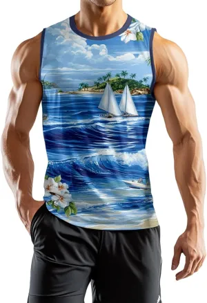 Mens Beach Tank Tops Sleeveless Hawaiian Shirts for Men Summer Palm Tree Graphic Workout Gym Tshirts