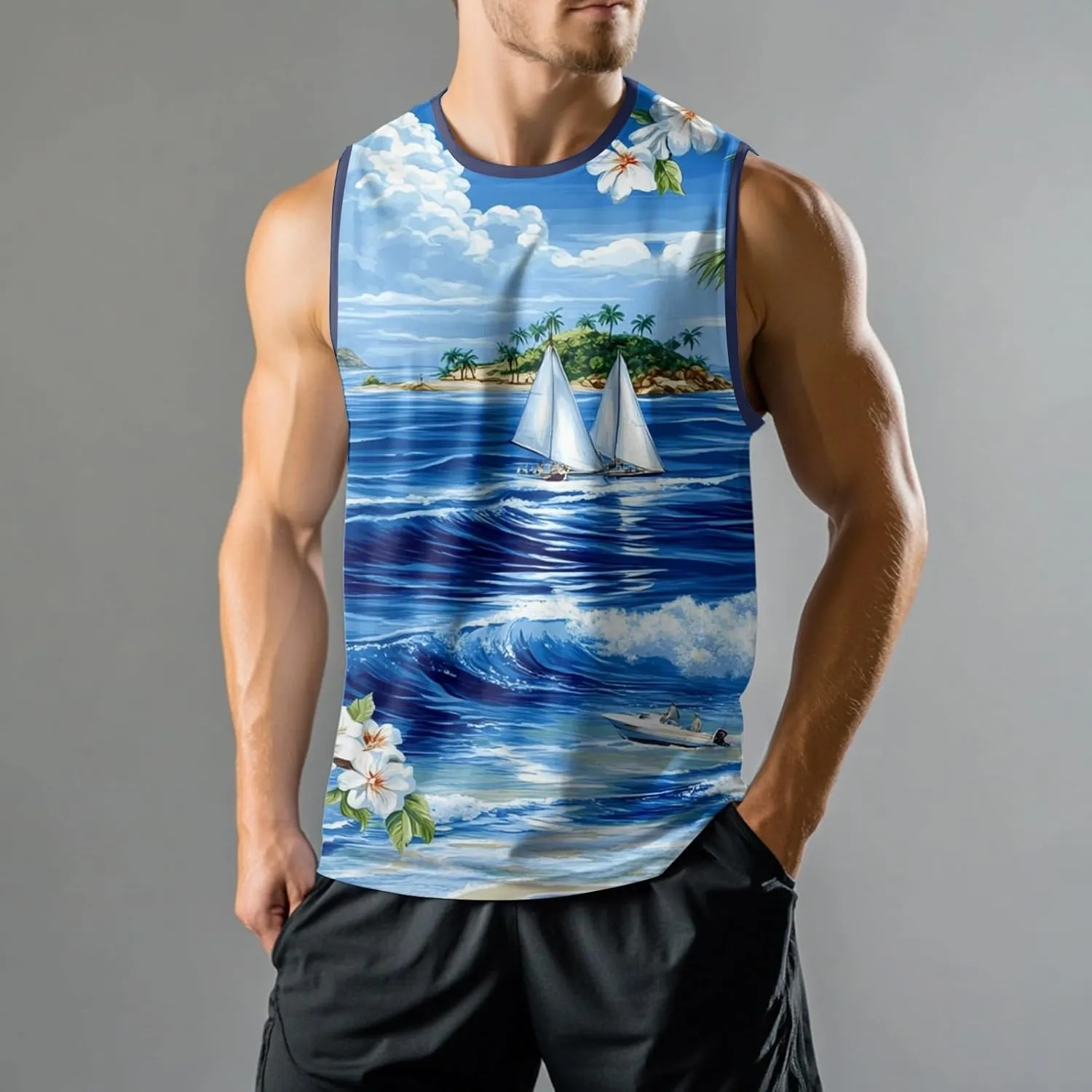 Mens Beach Tank Tops Sleeveless Hawaiian Shirts for Men Summer Palm Tree Graphic Workout Gym Tshirts