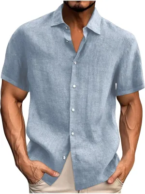 Men's Button Down Short Sleeve Shirt Casual Cotton Linen Blouse Summer Beach Wedding Shirts