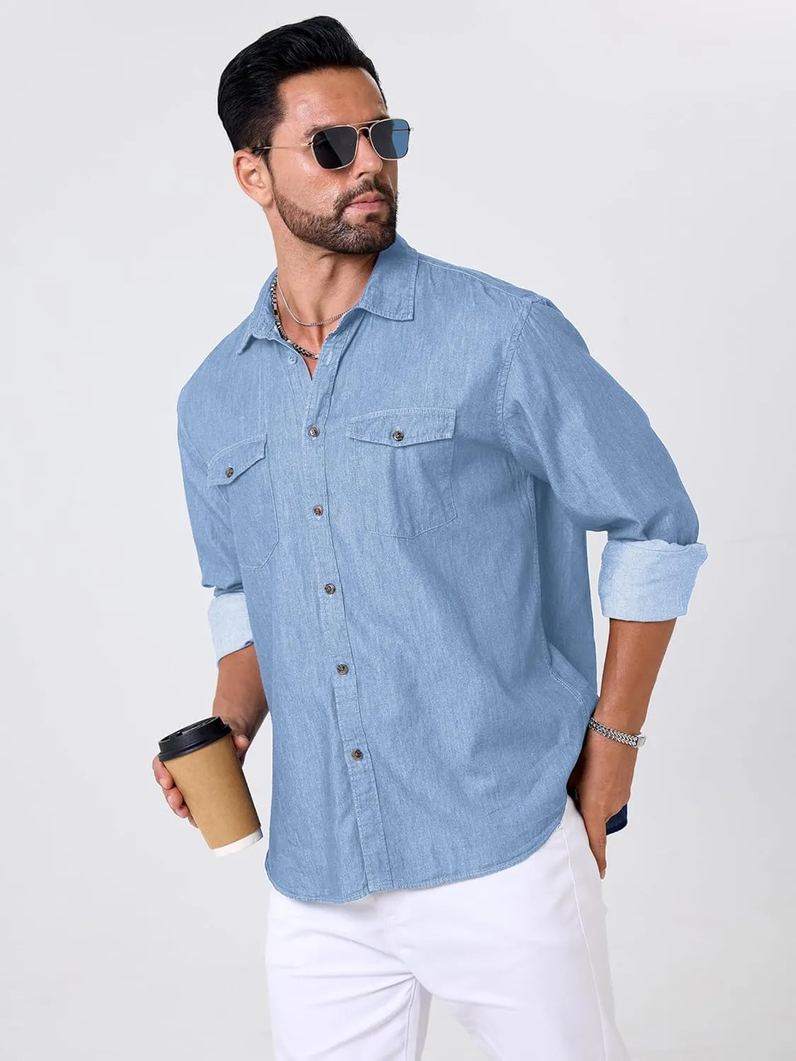 Mens Button Up Shirts Long Sleeve Button Down Shirts with Two Pockets Work Shirts for Men