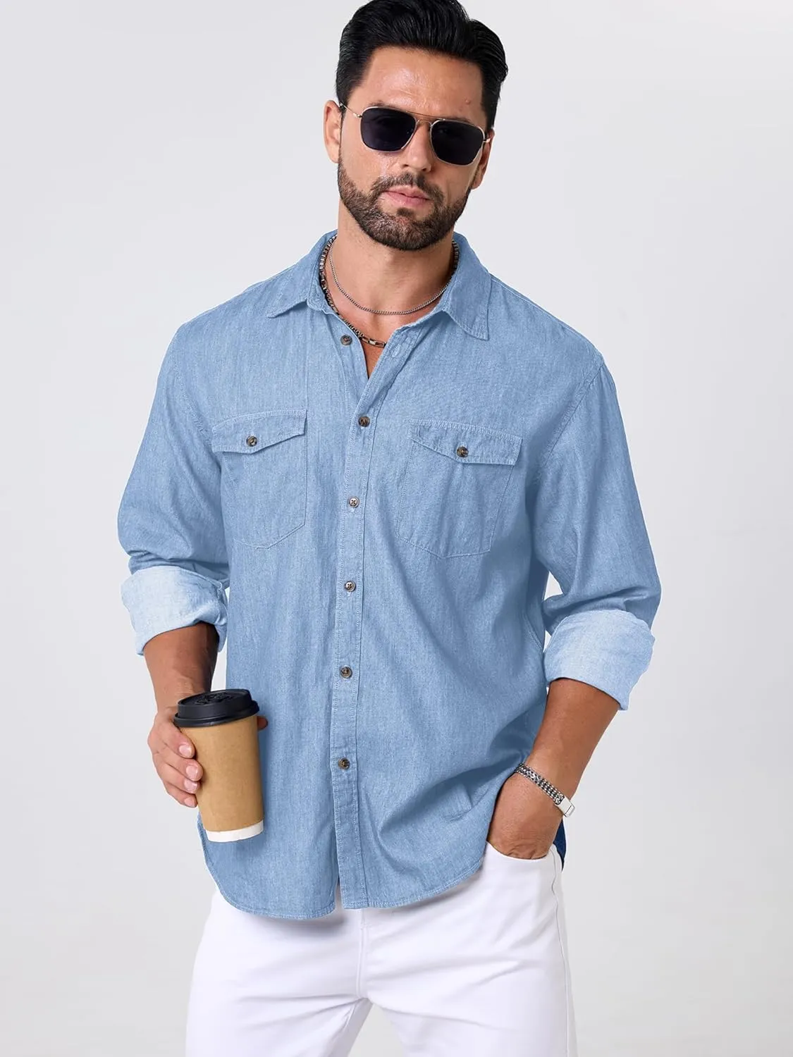 Mens Button Up Shirts Long Sleeve Button Down Shirts with Two Pockets Work Shirts for Men