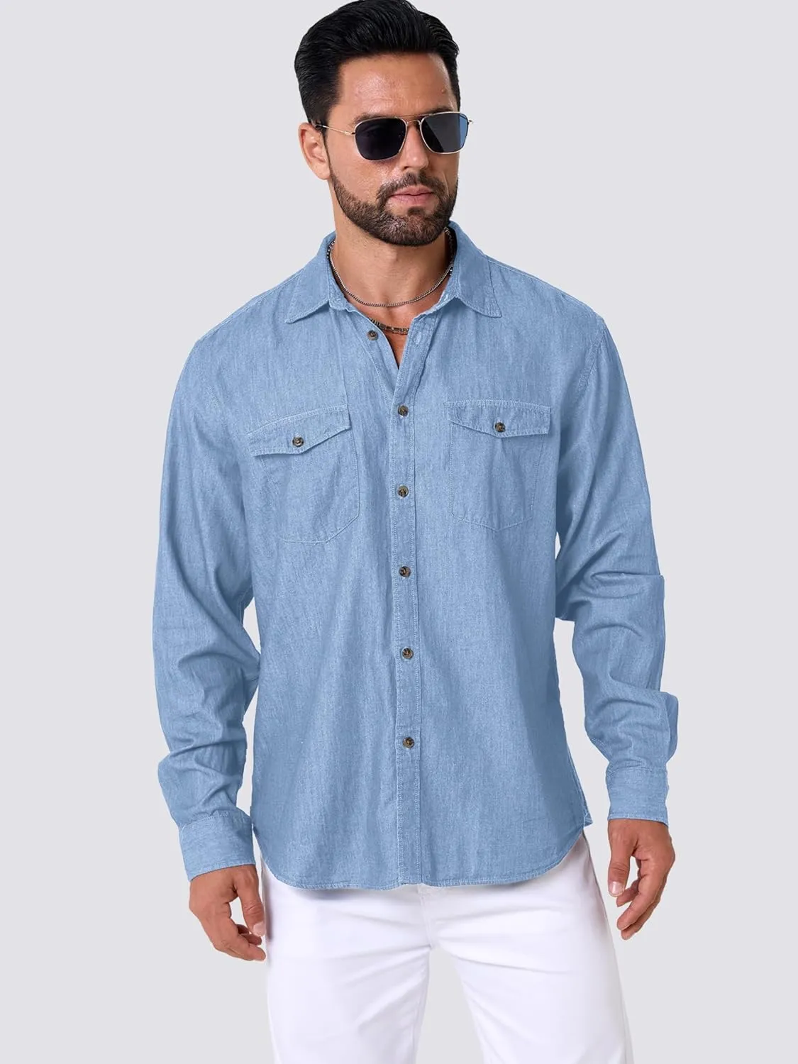 Mens Button Up Shirts Long Sleeve Button Down Shirts with Two Pockets Work Shirts for Men