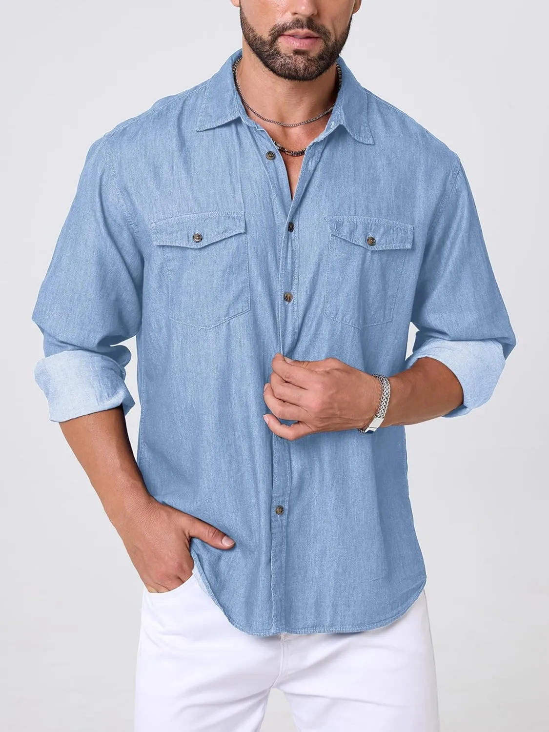 Mens Button Up Shirts Long Sleeve Button Down Shirts with Two Pockets Work Shirts for Men
