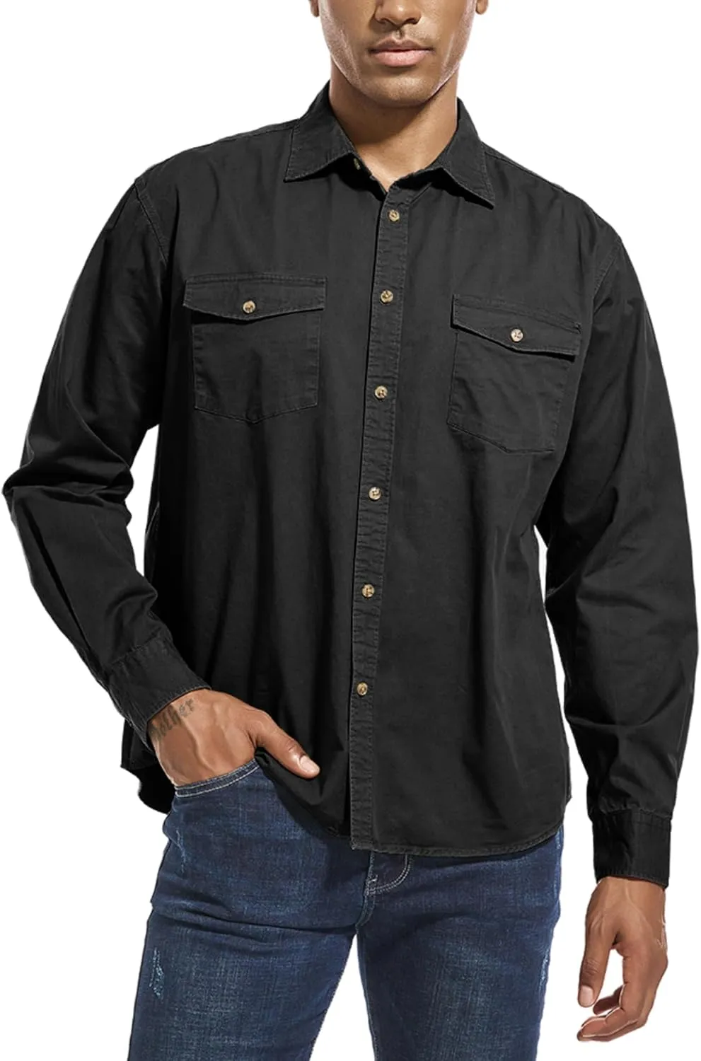 Mens Button Up Shirts Long Sleeve Button Down Shirts with Two Pockets Work Shirts for Men