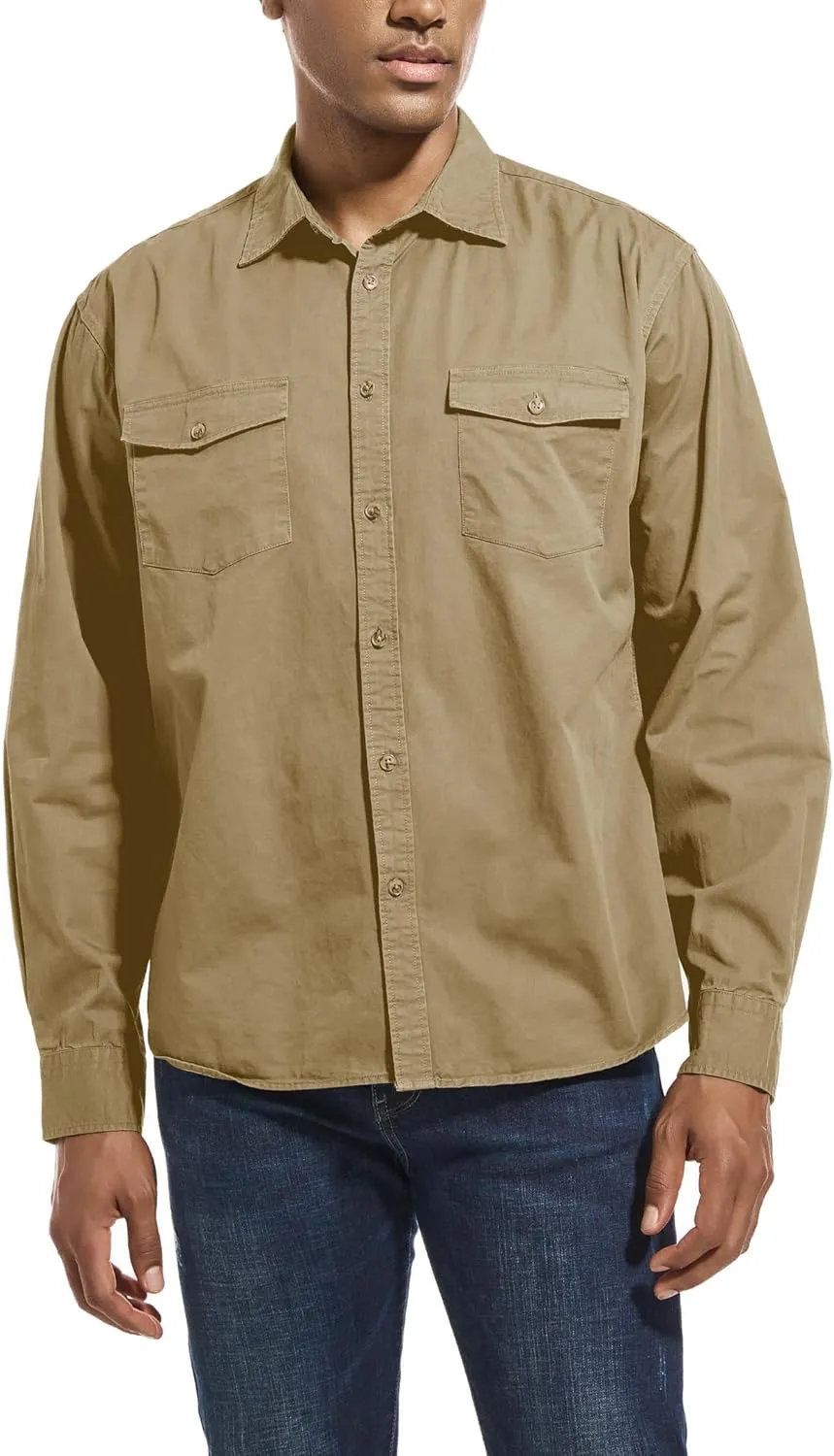 Mens Button Up Shirts Long Sleeve Button Down Shirts with Two Pockets Work Shirts for Men