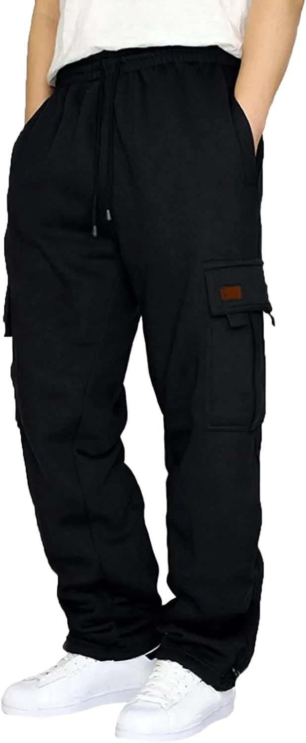 Men's Casual Cargo Pants Heavyweight Fleece Tactical Trousers Stretch Elastic Waist Athletic Workout Jogger Pants