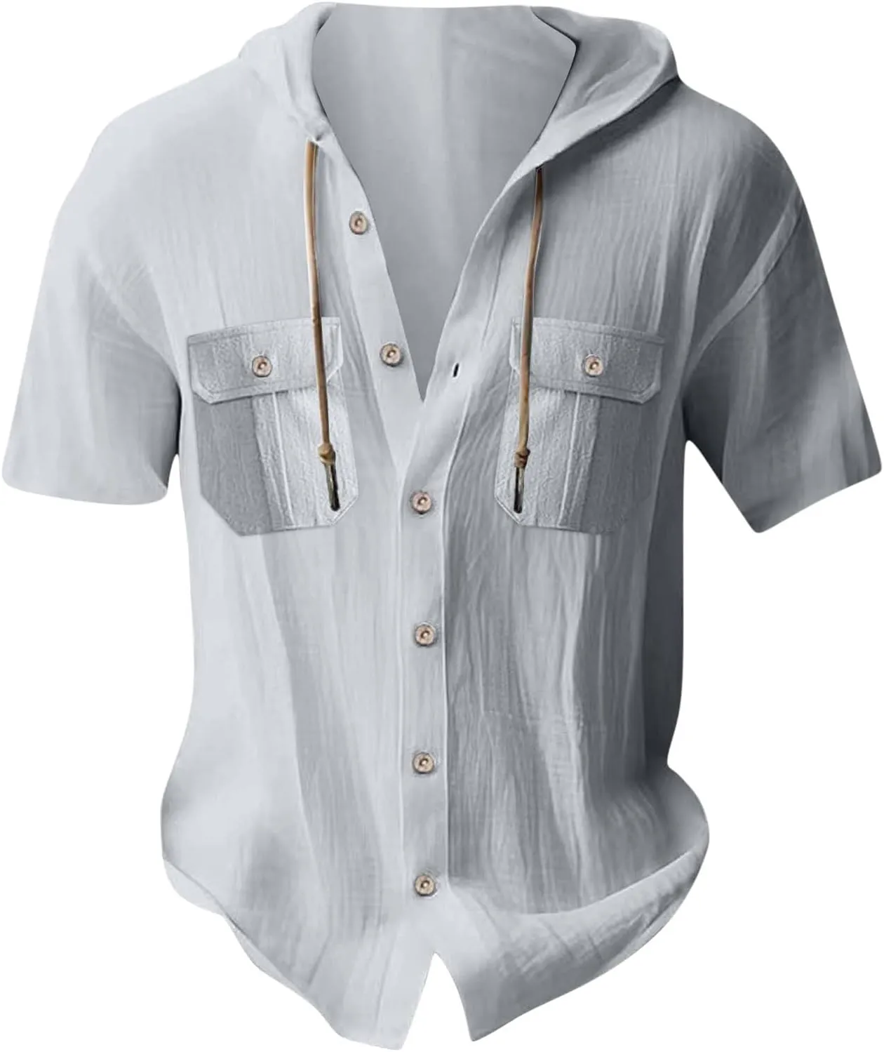Mens Comfy Button Down Hooded Tops with Pockets, Short Sleeve Lightweight Shirts Casual Fashion Drawstring Hoodies