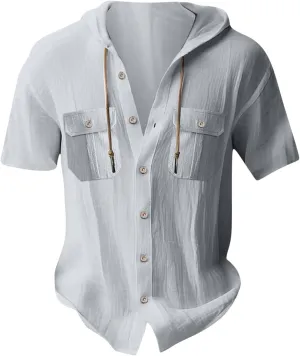 Mens Comfy Button Down Hooded Tops with Pockets, Short Sleeve Lightweight Shirts Casual Fashion Drawstring Hoodies