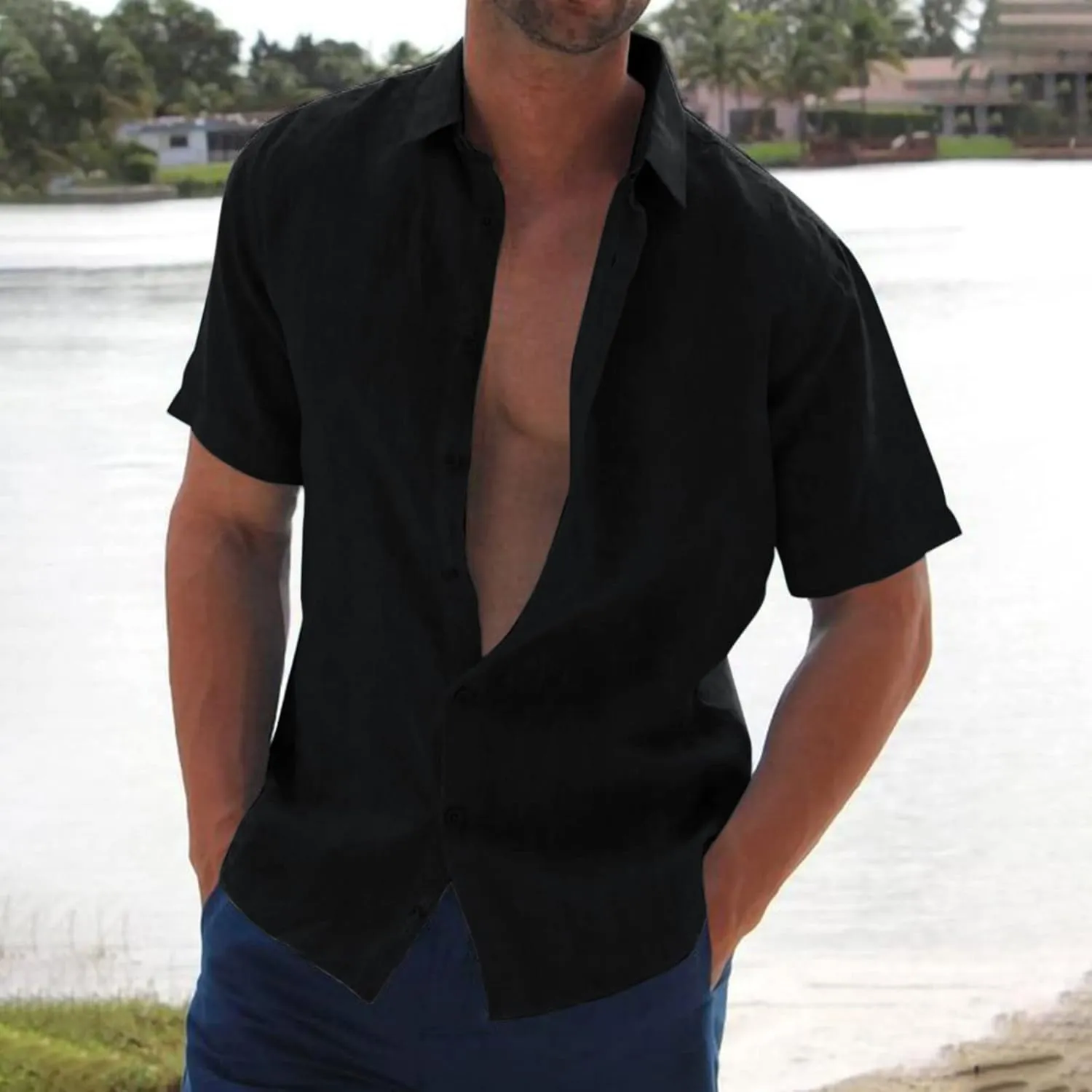 Men's Cotton Linen Shirt Short Sleeve Button Down Hippie Beach Shirts Casual Summer Solid Color Camp Shirt