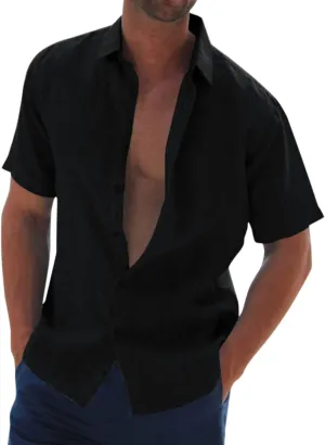 Men's Cotton Linen Shirt Short Sleeve Button Down Hippie Beach Shirts Casual Summer Solid Color Camp Shirt