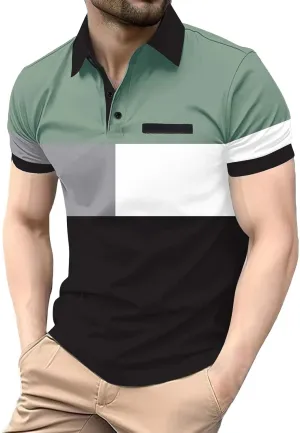 Men's Pique Polo Shirts Fashion Color Block Short Sleeve Formal Dress T-Shirt Moisture Wicking Performance Tee Top