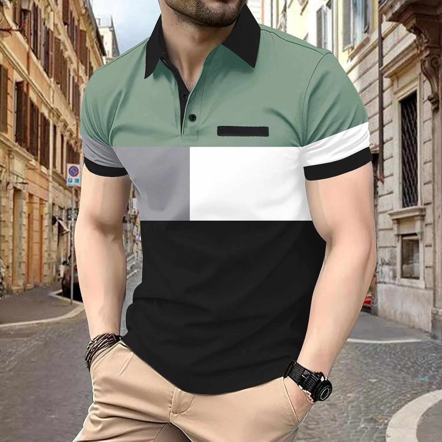 Men's Pique Polo Shirts Fashion Color Block Short Sleeve Formal Dress T-Shirt Moisture Wicking Performance Tee Top