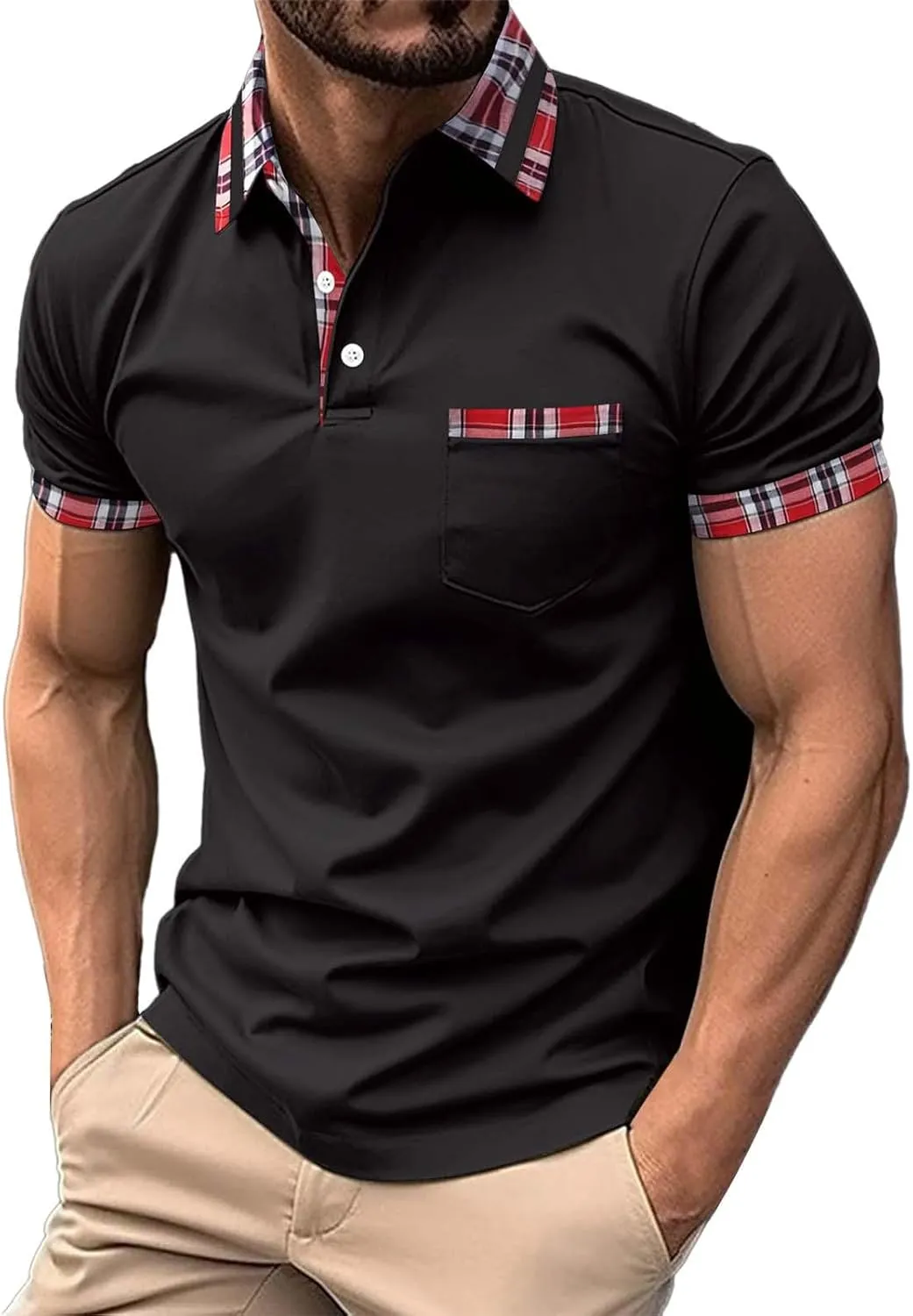 Mens Polo Shirts with Pocket Short Sleeve Slim Fit Golf Shirts Button Polos Shirt Trendy Business Sport Pullover Tops