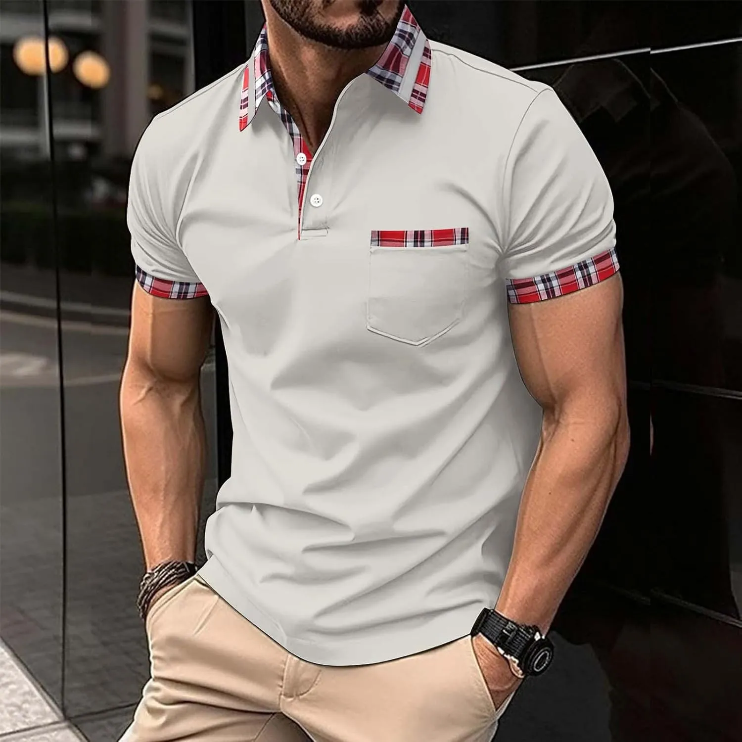Mens Polo Shirts with Pocket Short Sleeve Slim Fit Golf Shirts Button Polos Shirt Trendy Business Sport Pullover Tops