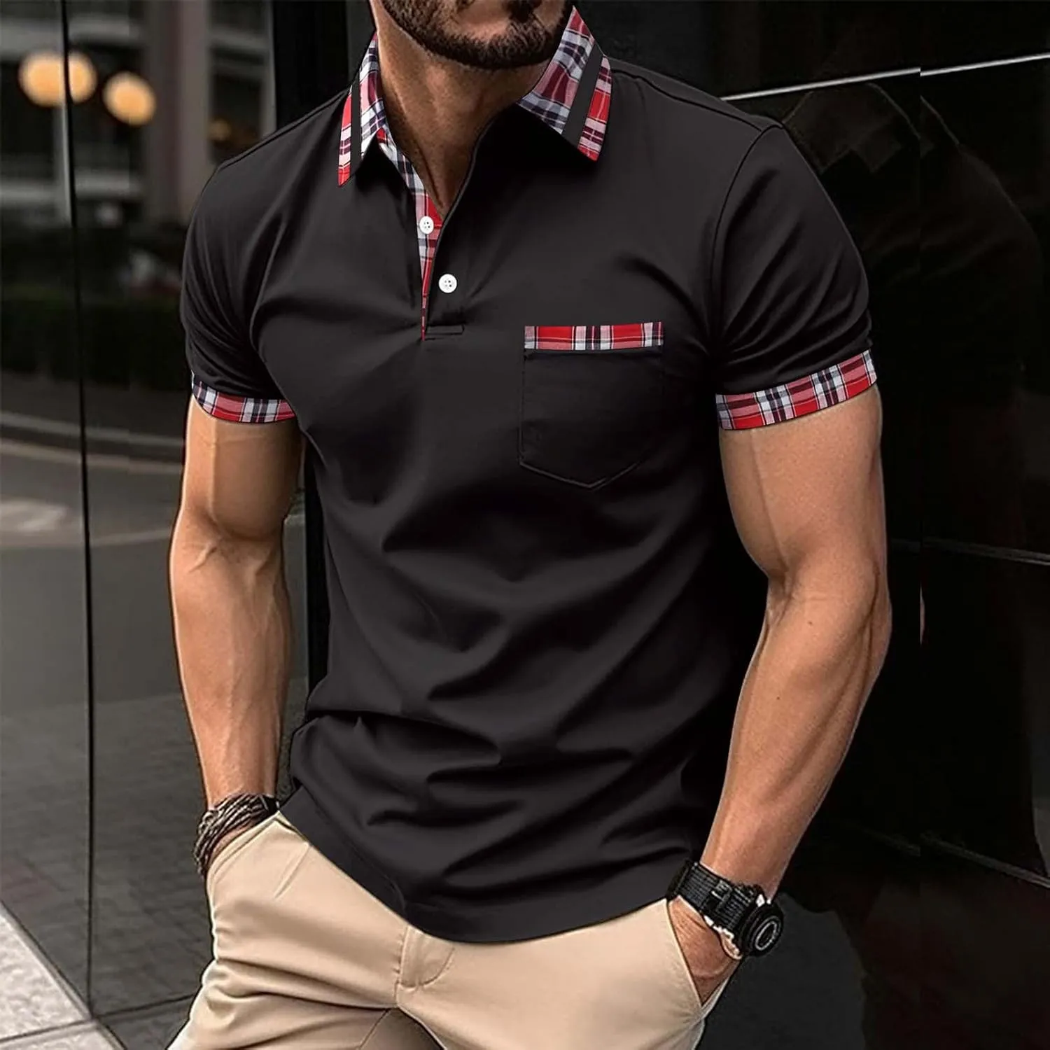 Mens Polo Shirts with Pocket Short Sleeve Slim Fit Golf Shirts Button Polos Shirt Trendy Business Sport Pullover Tops