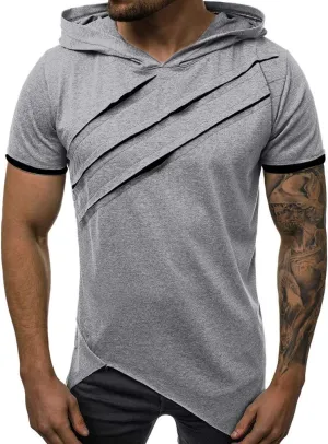 Mens Short Sleeve Hoodies Scratch Ripped Patchwork Hippie Hooded Pullover Irregular Hem Workout Athletic T-Shirt