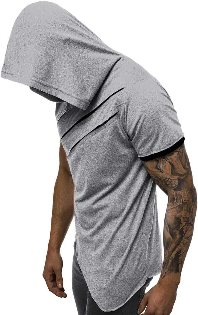 Mens Short Sleeve Hoodies Scratch Ripped Patchwork Hippie Hooded Pullover Irregular Hem Workout Athletic T-Shirt