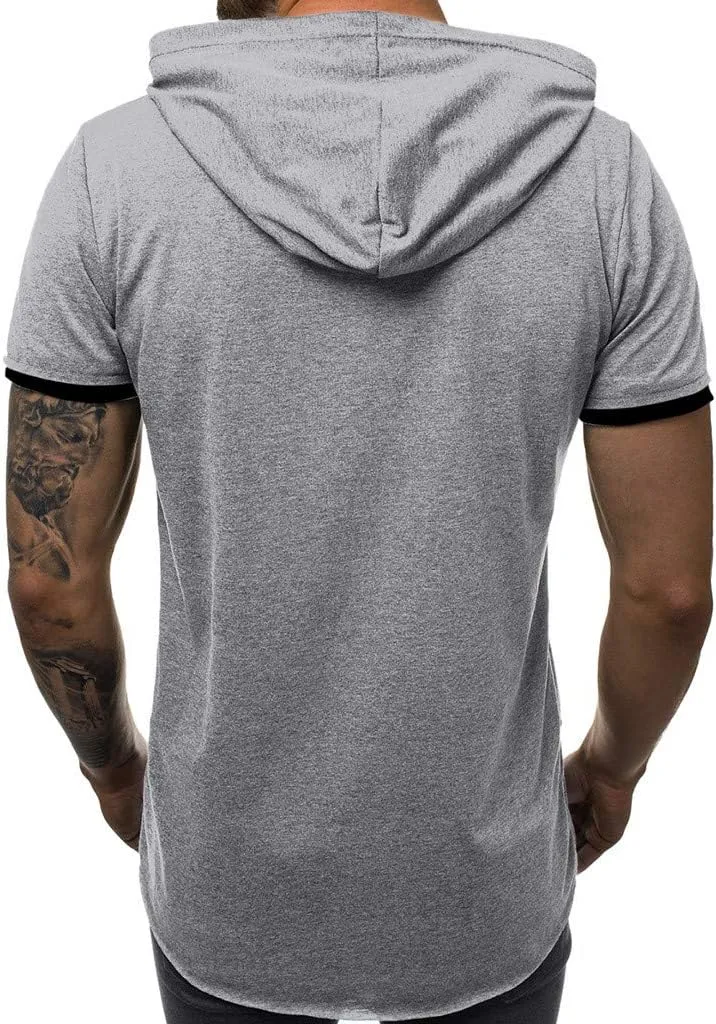 Mens Short Sleeve Hoodies Scratch Ripped Patchwork Hippie Hooded Pullover Irregular Hem Workout Athletic T-Shirt