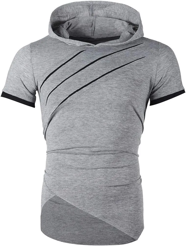 Mens Short Sleeve Hoodies Scratch Ripped Patchwork Hippie Hooded Pullover Irregular Hem Workout Athletic T-Shirt