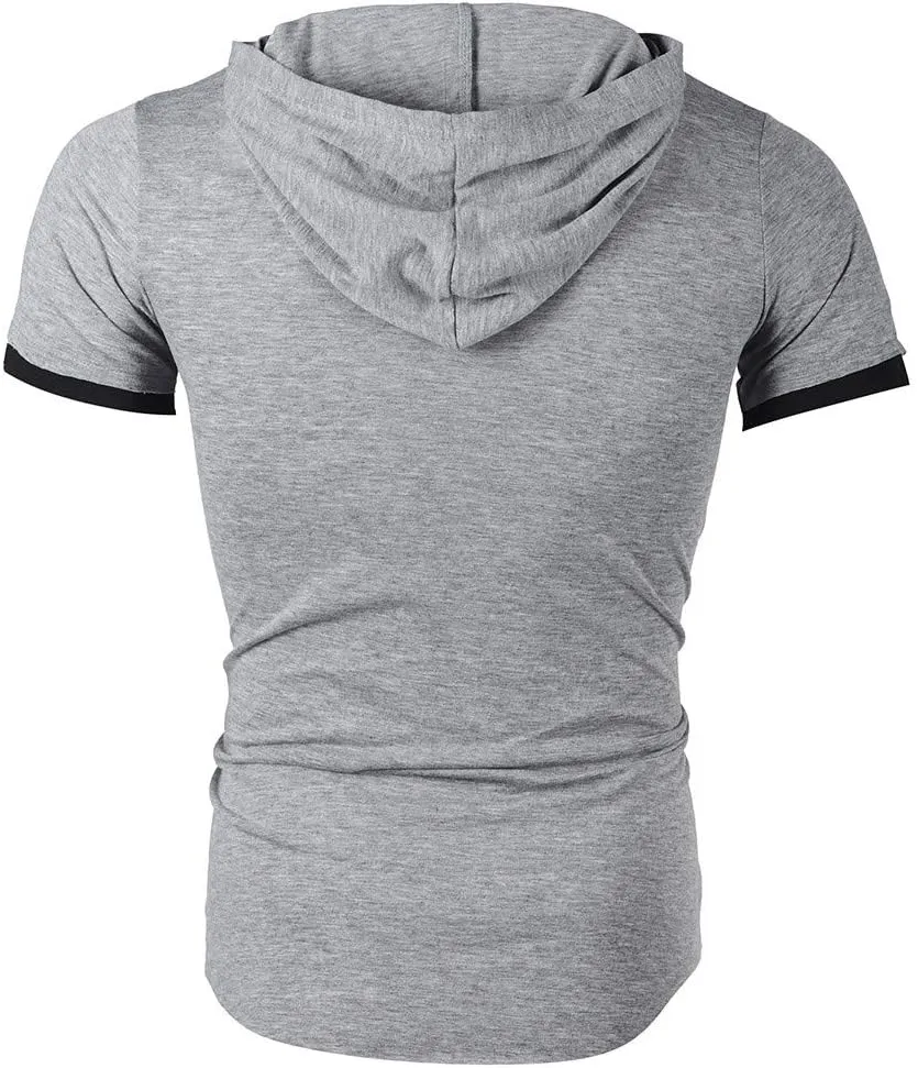 Mens Short Sleeve Hoodies Scratch Ripped Patchwork Hippie Hooded Pullover Irregular Hem Workout Athletic T-Shirt