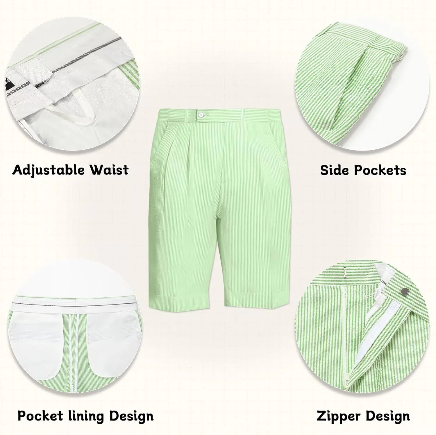 Mens Summer Seersucker Shorts Striped Slim Fit Flat Front Walk Chino Short Pants Sear Sucker Suit Flat Front Shorts