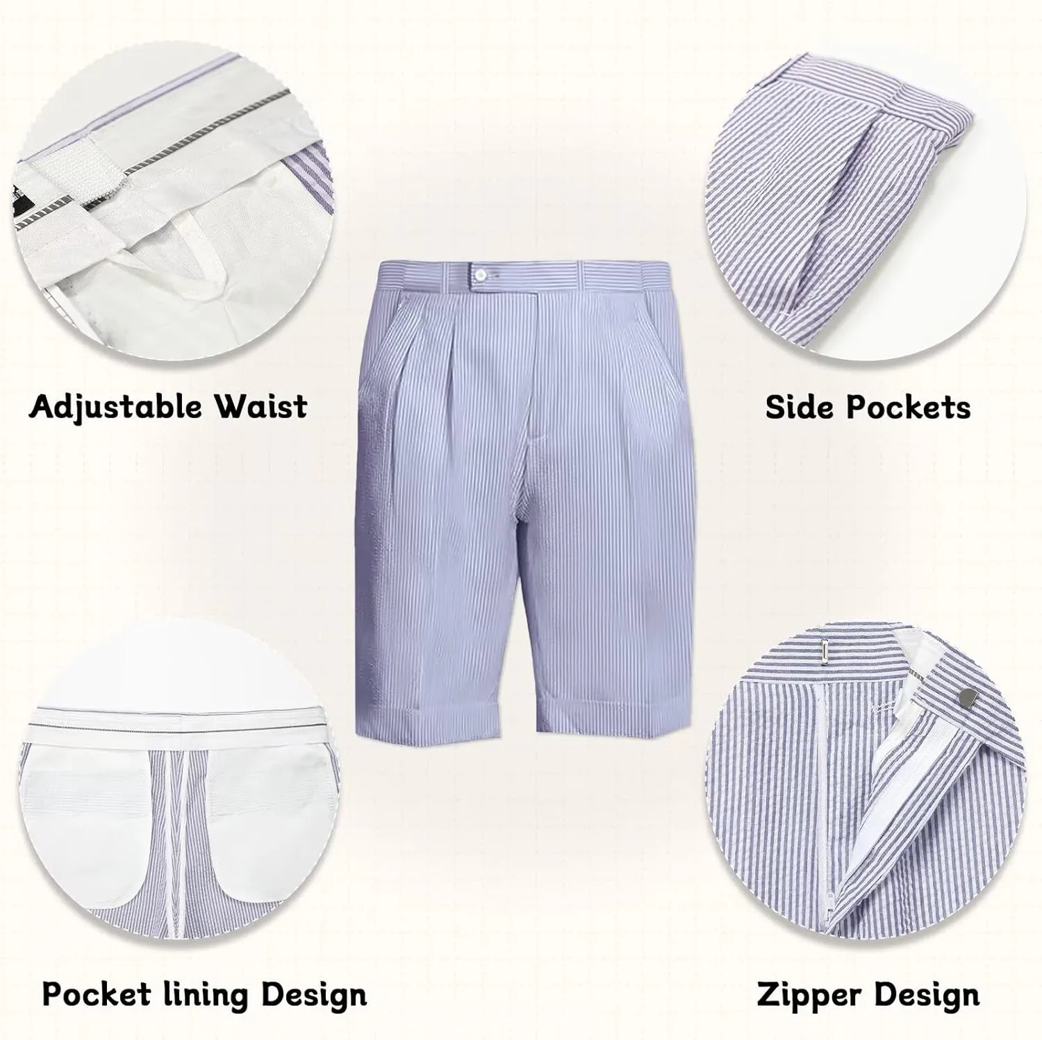 Mens Summer Seersucker Shorts Striped Slim Fit Flat Front Walk Chino Short Pants Sear Sucker Suit Flat Front Shorts