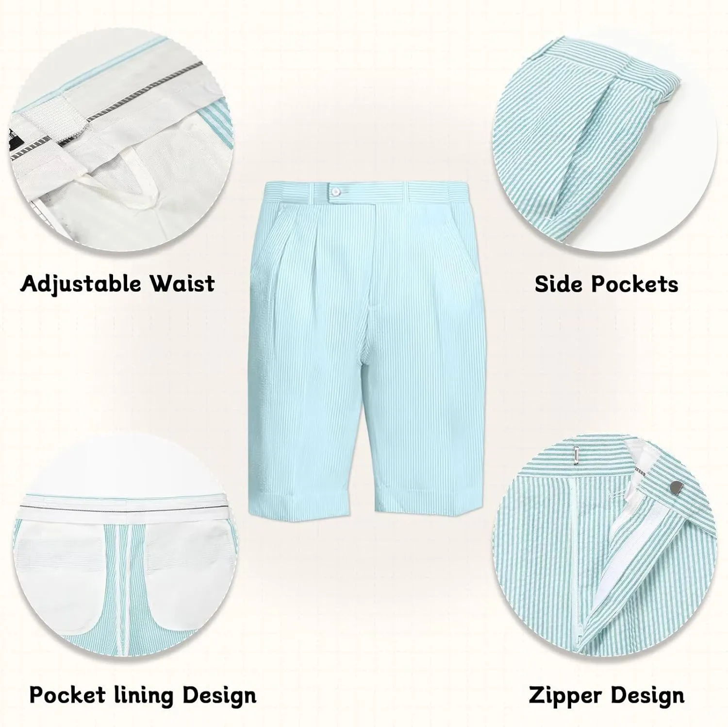 Mens Summer Seersucker Shorts Striped Slim Fit Flat Front Walk Chino Short Pants Sear Sucker Suit Flat Front Shorts