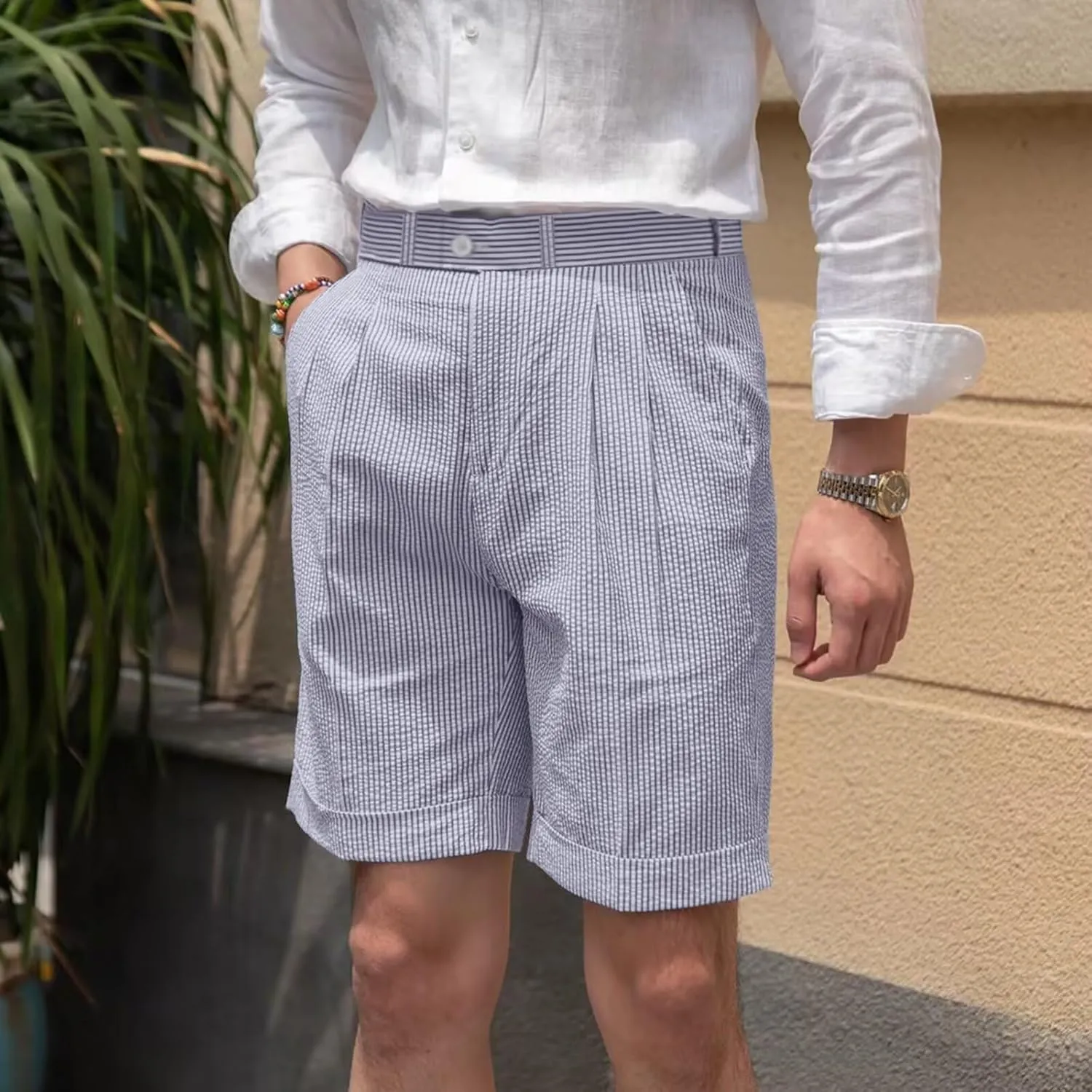 Mens Summer Seersucker Shorts Striped Slim Fit Flat Front Walk Chino Short Pants Sear Sucker Suit Flat Front Shorts
