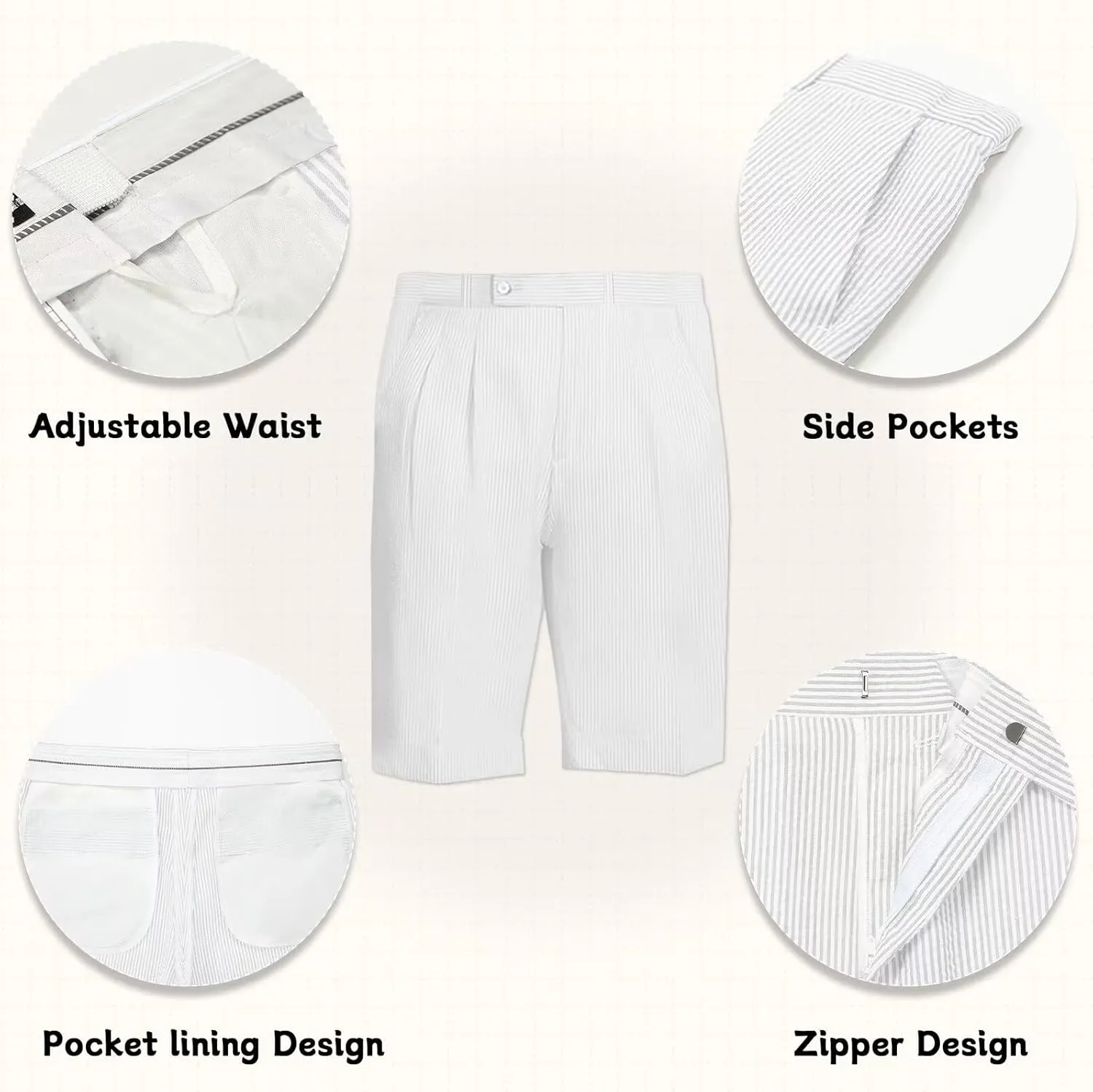 Mens Summer Seersucker Shorts Striped Slim Fit Flat Front Walk Chino Short Pants Sear Sucker Suit Flat Front Shorts