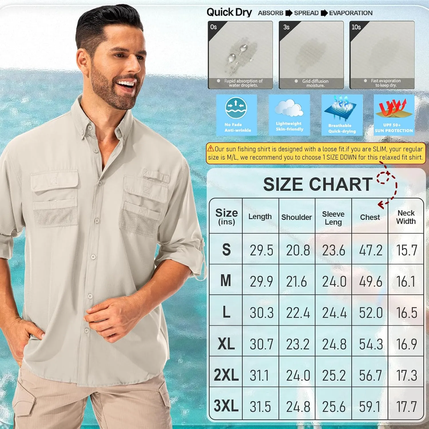 Men's Sun Protection Fishing Shirts Long Sleeve Safari Shirts UPF 50 UV Quick Dry Cooling Travel Work Shirts