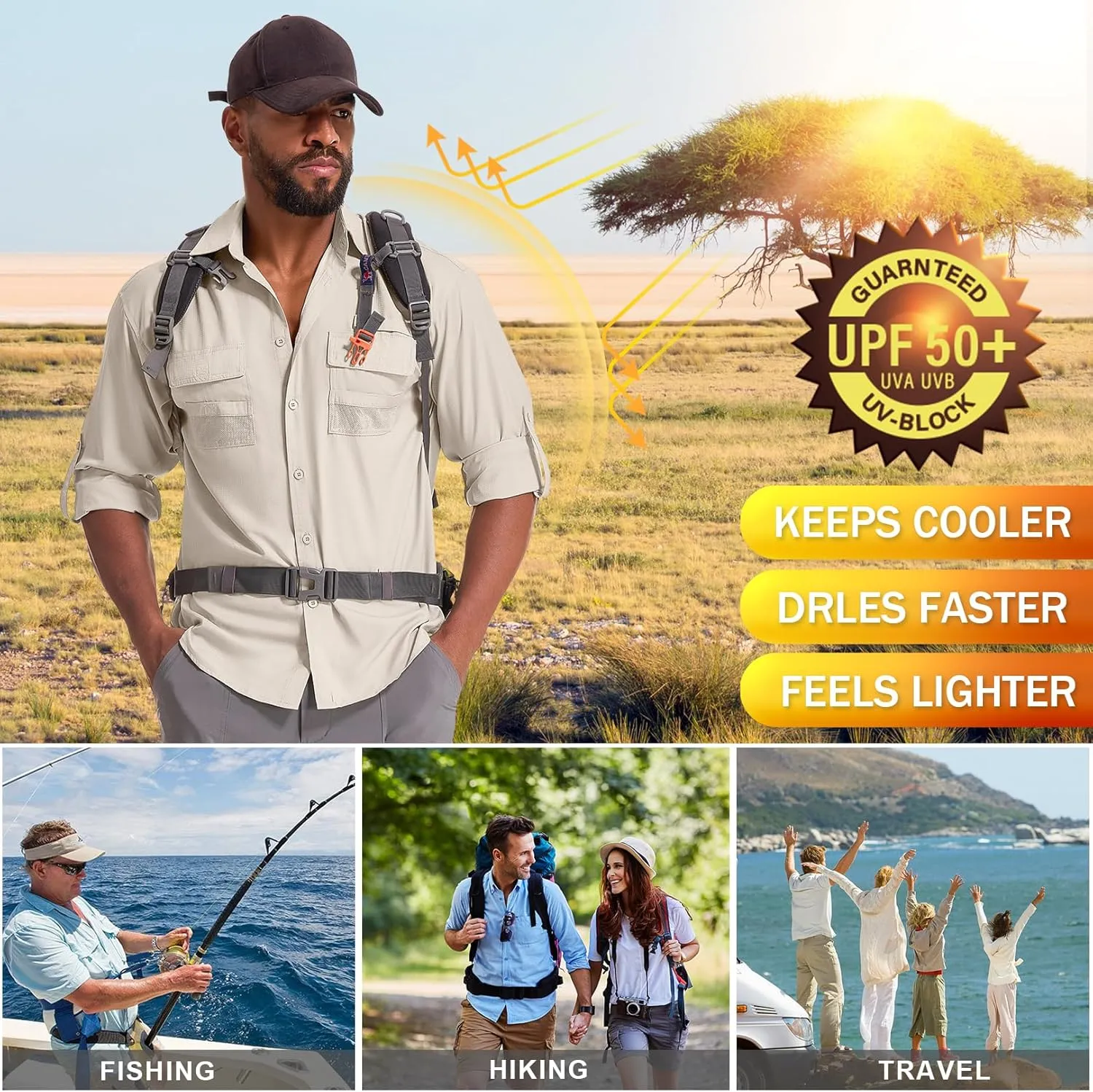 Men's Sun Protection Fishing Shirts Long Sleeve Safari Shirts UPF 50 UV Quick Dry Cooling Travel Work Shirts