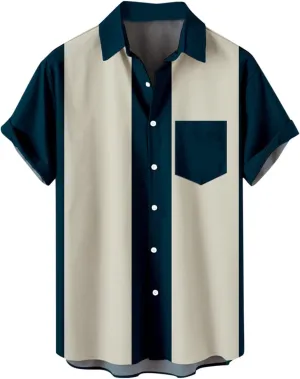 Men's Vintage Bowling Shirts 1950s Casual Short Sleeve Button Up Contrast Shirt 2025 Summer Color Block Cuban Shirts