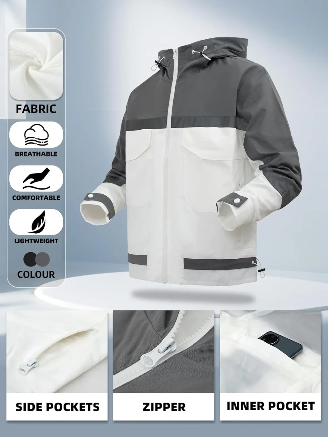 Mens Windbreaker Jacket Hooded Outdoor Waterproof Lightweight Softshell Raincoat for Hiking Camping
