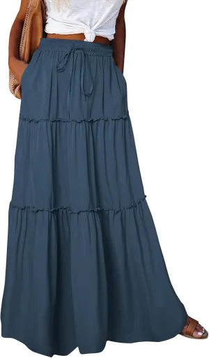midelxp Pleated Long Skirts for Women Summer Casual Elastic High Waisted Skirts A-Line Flowy Swing Maxi Skirt with Pockets