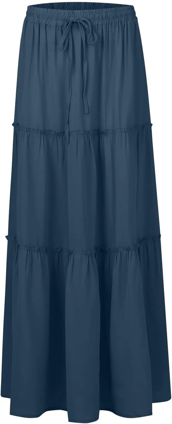 midelxp Pleated Long Skirts for Women Summer Casual Elastic High Waisted Skirts A-Line Flowy Swing Maxi Skirt with Pockets