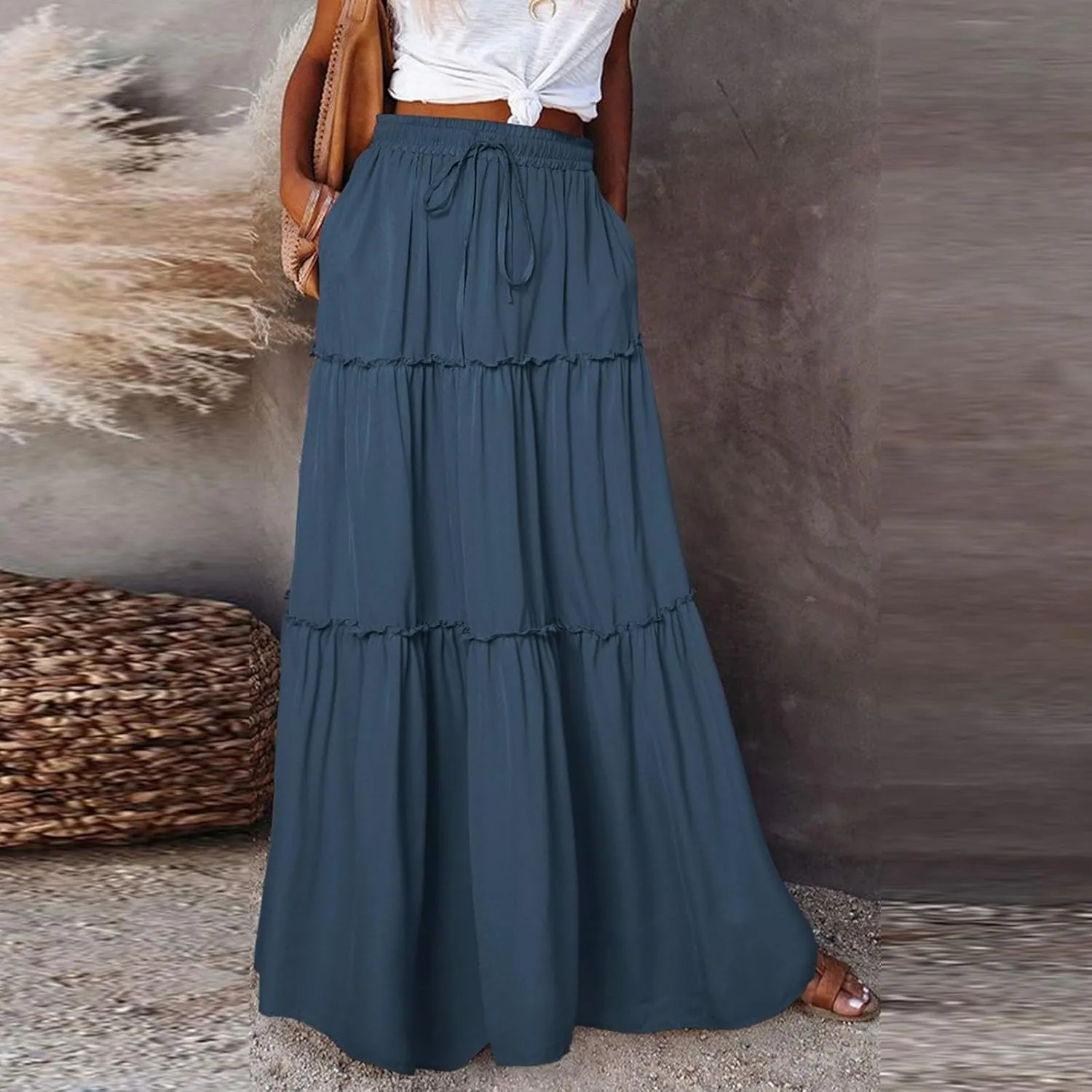 midelxp Pleated Long Skirts for Women Summer Casual Elastic High Waisted Skirts A-Line Flowy Swing Maxi Skirt with Pockets