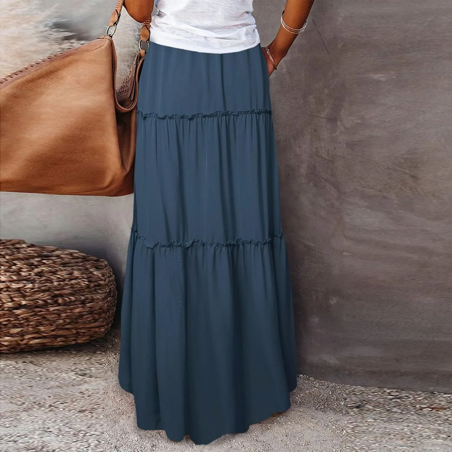 midelxp Pleated Long Skirts for Women Summer Casual Elastic High Waisted Skirts A-Line Flowy Swing Maxi Skirt with Pockets