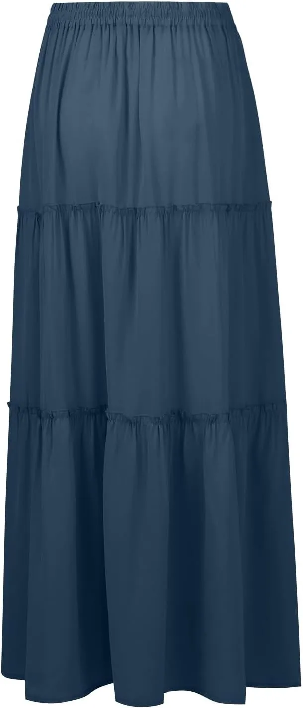 midelxp Pleated Long Skirts for Women Summer Casual Elastic High Waisted Skirts A-Line Flowy Swing Maxi Skirt with Pockets